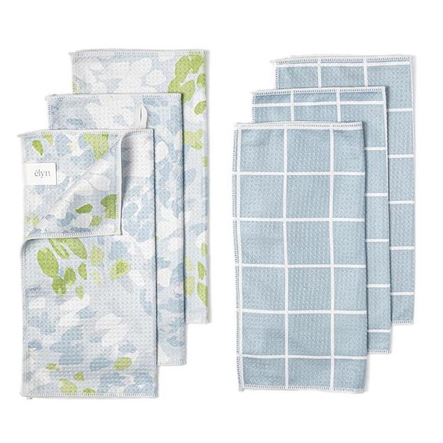 ELYN Microfiber Kitchen Dish Cloth Set, Quick-Dry & Absorbent Waffle Weave Cleaning Towels, Set of 6 Wash Cloths, Paper Towels & Sponge Alternative (Painterly Floral & Grid)