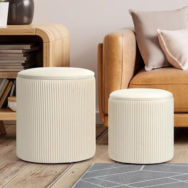 OGEMXU Ottoman with Storage, 2 Set Round Ottoman Velvet Vanity Stool, Storage Ottoman for Bedroom Living Room, Modern Multifunctional Coffee Table Foot Stool for Dorm, Cream