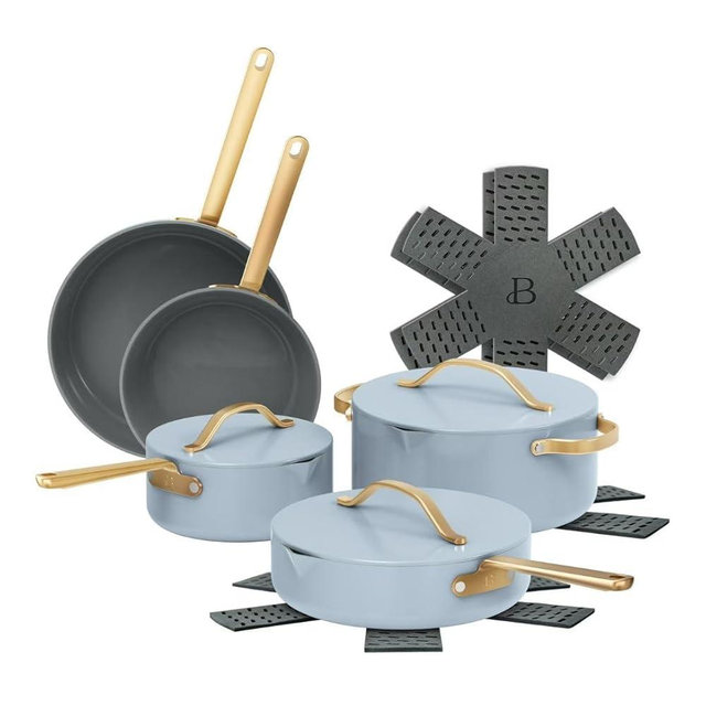 Pans12pc Ceramic Non-Stick Cookware Set by Drew Barrymore, Pots & Pans with Lids, Dishwasher‑Safe,Soft‑Touch Handles, Even‑Heat Base. (Cornflower Blue)
