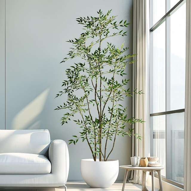 7.2ft Faux Bamboo Tree Artificial Nandina Tree Artificial Indoor Plants Realistic Fake Potted Tree with 800+ Leaves, Cement Planter - Home Office Decor Perfect for Housewarming Gift Non-Toxic
