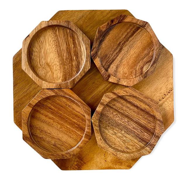 Wrightmart Wooden Charcuterie, Cutting, Serving Board, Wood Trivet, Tray, Appetizer Platter, Octagonal Charger, Stand for Hot Plates, Plants and Decorative Display, 4 Matching Coaster, Acacia, 10"x 1"