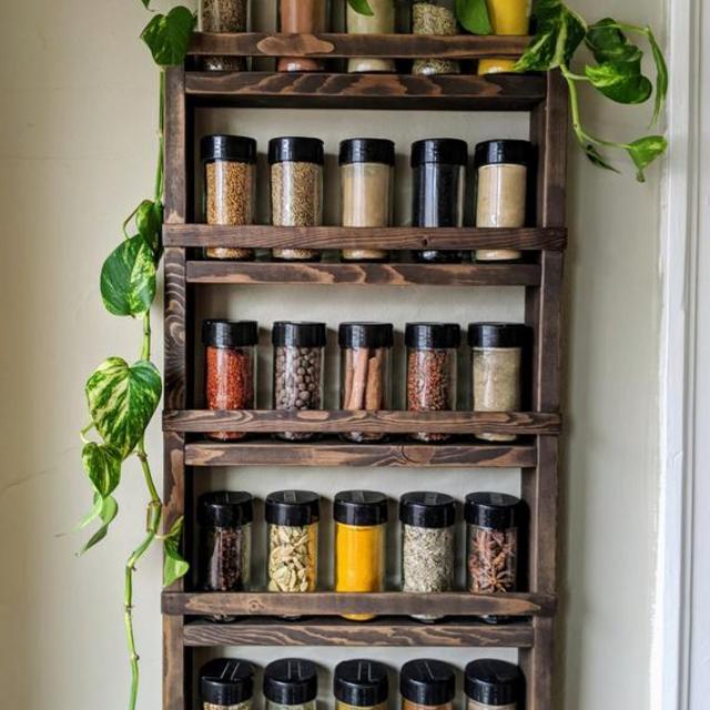Wall Spice Rack · wooden shelf · kitchen organization idea · essential oil rack · kitchen shelves · spices · pantry organization · jar shelf