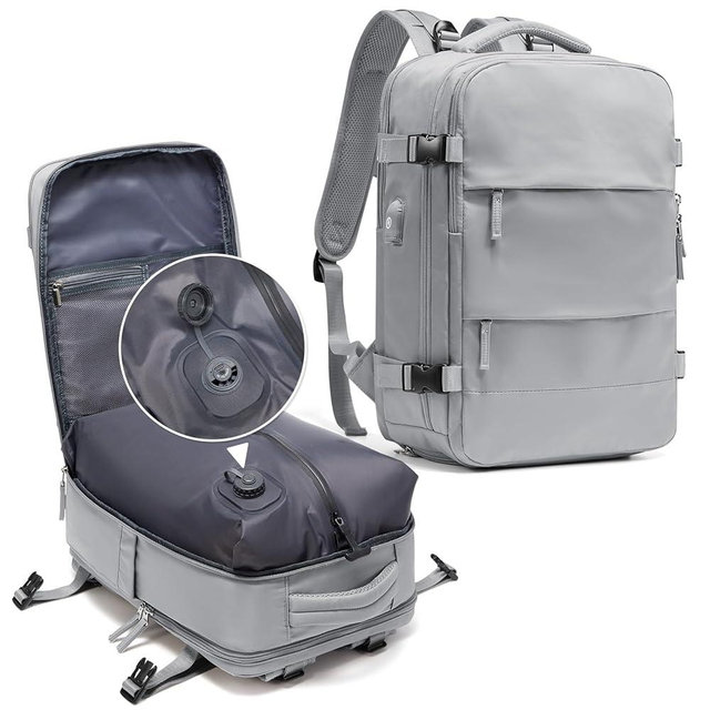 coowoz Vacuum Backpack Travel with Pump,Travel Backpack with Vacuum System For Women Men,Carry On Backpack,Hiking Backpack Waterproof Outdoor Sports Rucksack Casual Daypack,25L(Built-in Pump),Grey