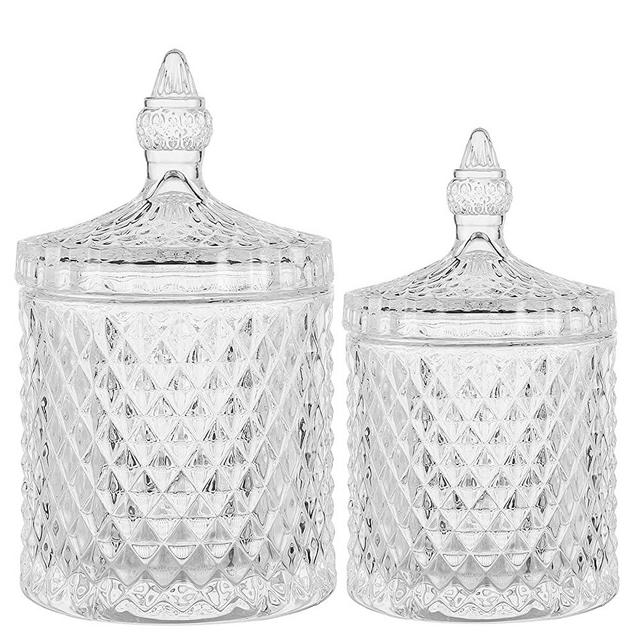 rejomiik Qtip Holder Glass Apothecary Jars with Lid Bathroom Accessories Vanity Organizers and Makeup Storage for Cotton Swabs, 2 Pack Small and Large Clear