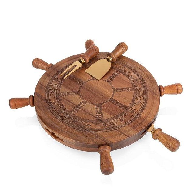 PICNIC TIME Helmsman Lazy Susan Cheese Board and Tool Set, Charcuterie Board Set, Wood Cutting Board with Cheese Knives, (Acacia and Gold)