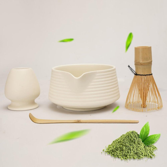 EINZUFUF Matcha Set - 4-Piece Matcha Whisk Set Includes Matcha Bowl with Spout, Matcha Whisk, Scoop & Holder, Ideal for Matcha Tea Ceremony & Matcha Latte (Ceramic White)