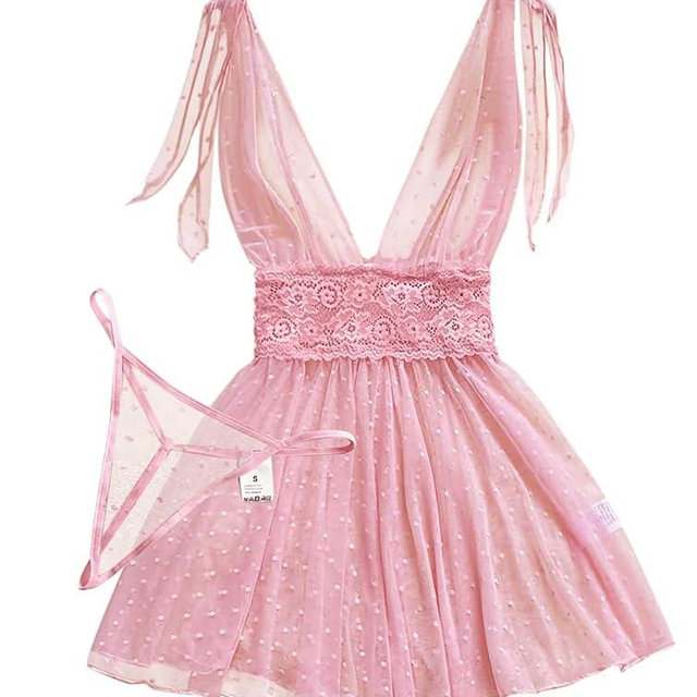 Lilosy Sexy Polka Dots Mesh Sheer Lace Babydoll Chemise Lingerie Set Floral Lace Sleep Wear
