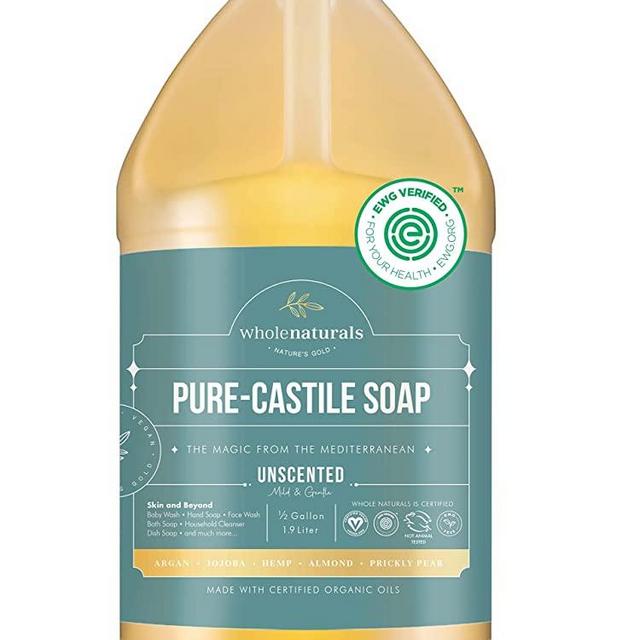 Whole Naturals EWG Verified & Certified Palm Oil Free, Castile Liquid Soap - 64 oz. - Unscented, Mild & Gentle Non-GMO & Vegan - Formulated with Carrier Organic Oils