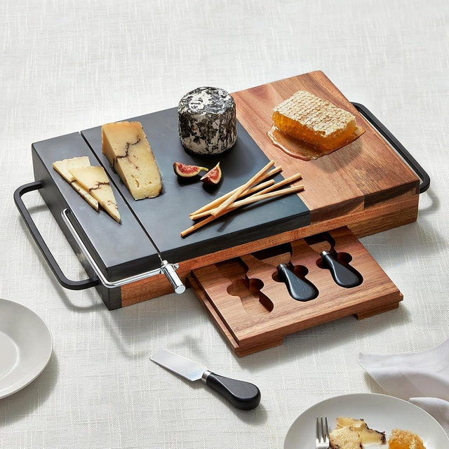 Wine Enthusiast Cheese Prep and Serve Station – Acacia Wood and Marble Cutting Board with Built-in Cheese Slicer, 3 Knife Set & Iron Handles | Perfect for Charcuterie Boards & Wedding Gifts
