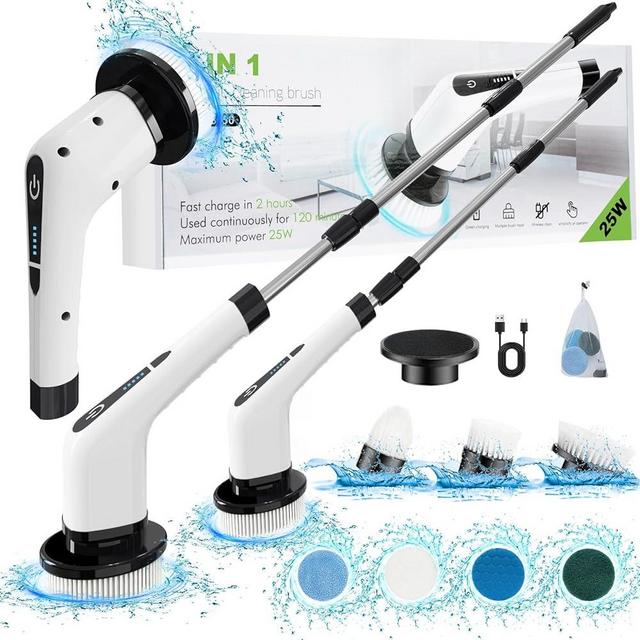 Electric Spin Scrubber, Cordless Cleaning Brush with 7 Replaceable Brush Heads Power Scrubber Shower Cleaning Brush with Adjustable & Detachable Handle for Bathroom, Tub, Tile, Floor, Car