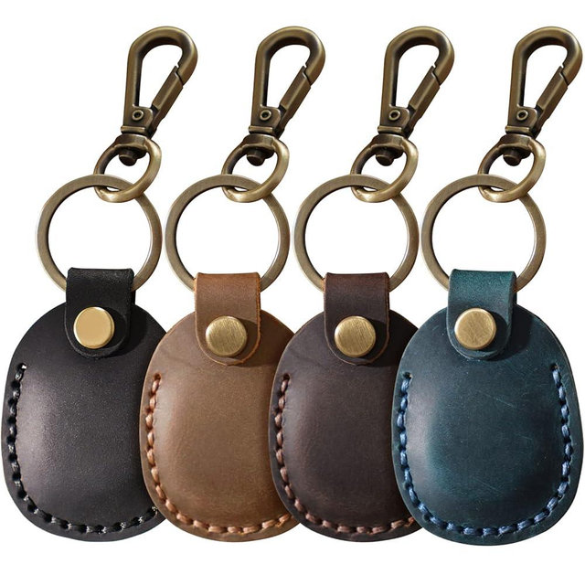 Q1T5 4 Pack Leather Airtag Holder Keychain, Compact Handmade Genuine Leather Air Tag Holder with Keyring Full Coverage Case Cover Compatible for AirTag [4 Pack]