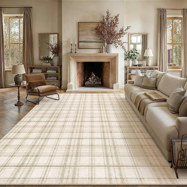 WondRg 8x10 Beige Area Rug for Living Room Bedroom Machine Washable Low Pile Checkered Carpet Modern Accent Soft Non Slip Rug for Dining Room Nursery Office Indoor