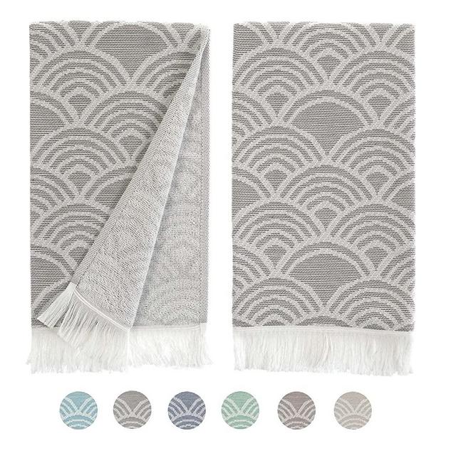 Kitchen Towels Decorative Set of 2, Turkish Hand Towels for Bathroom, Luxury Turkish Cotton Dish Tea Towels 15 x 34 Inches for Modern, Boho, and Farmhouse Decor (Gray Waves)
