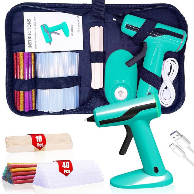 MONVICT Smart Power-Off Cordless Hot Glue Gun, Mini Glue Gun Kit with 2.2A Battery, Storage Bag, 40 Pcs Glue Sticks, 10 Pcs Craft Sticks, USB-C Rechargeable Hot Melt Glue Gun for DIY Craft Gift