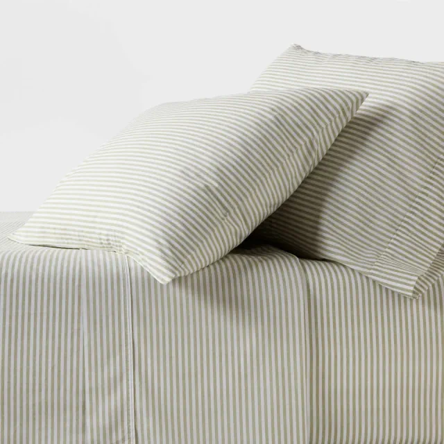 Twin/Twin XL 250 Thread Count Organic Percale Sheet Set Sage Green Stripe - Threshold™: GOTS Certified, Includes Pillowcase