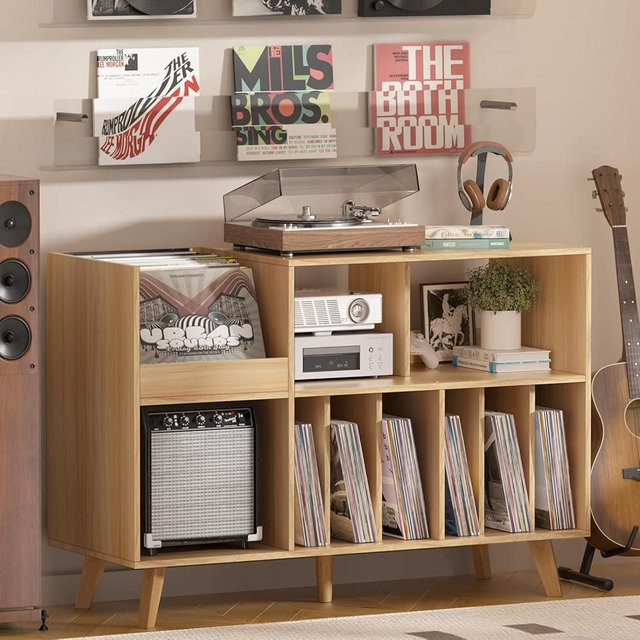 LELELINKY Natural Wood 48''Record Player Stand with Storage and Display Area, Turntable Stand Vinyl Record Holder Player Table Holds Up to 450 Albums, Record Stand for Music Room Living Room