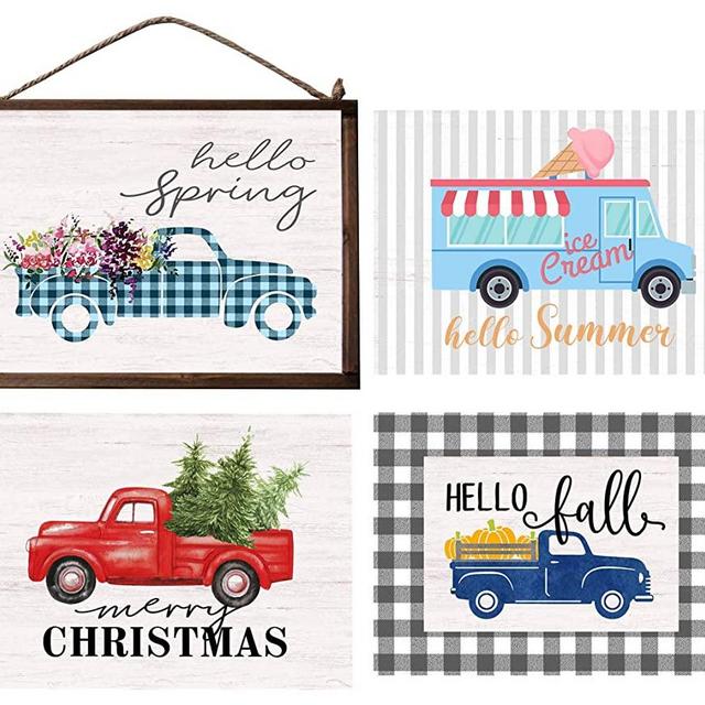 Merry Christmas Decor Sign Wood Wall Sign 7 in 1 with 6 Interchangeable Sayings & 1 Backside Chalkboard for Christmas Decorations Hello Fall Always Remember Welcome Sign Farmhouse Wall Decor Signs