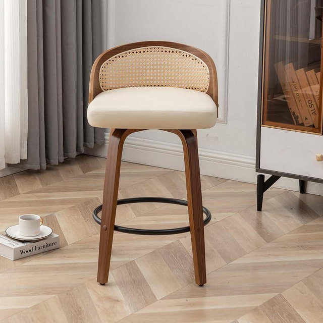 YOUUGIOR 26" Swivel Rattan Bar Stools,Mid-Century Modern Beige Leather Upholstered Counter Height Stools,Kitchen Island Barstools with Rattan Low Backrest,Walnut Wood Finish Bar Chair,1PCS