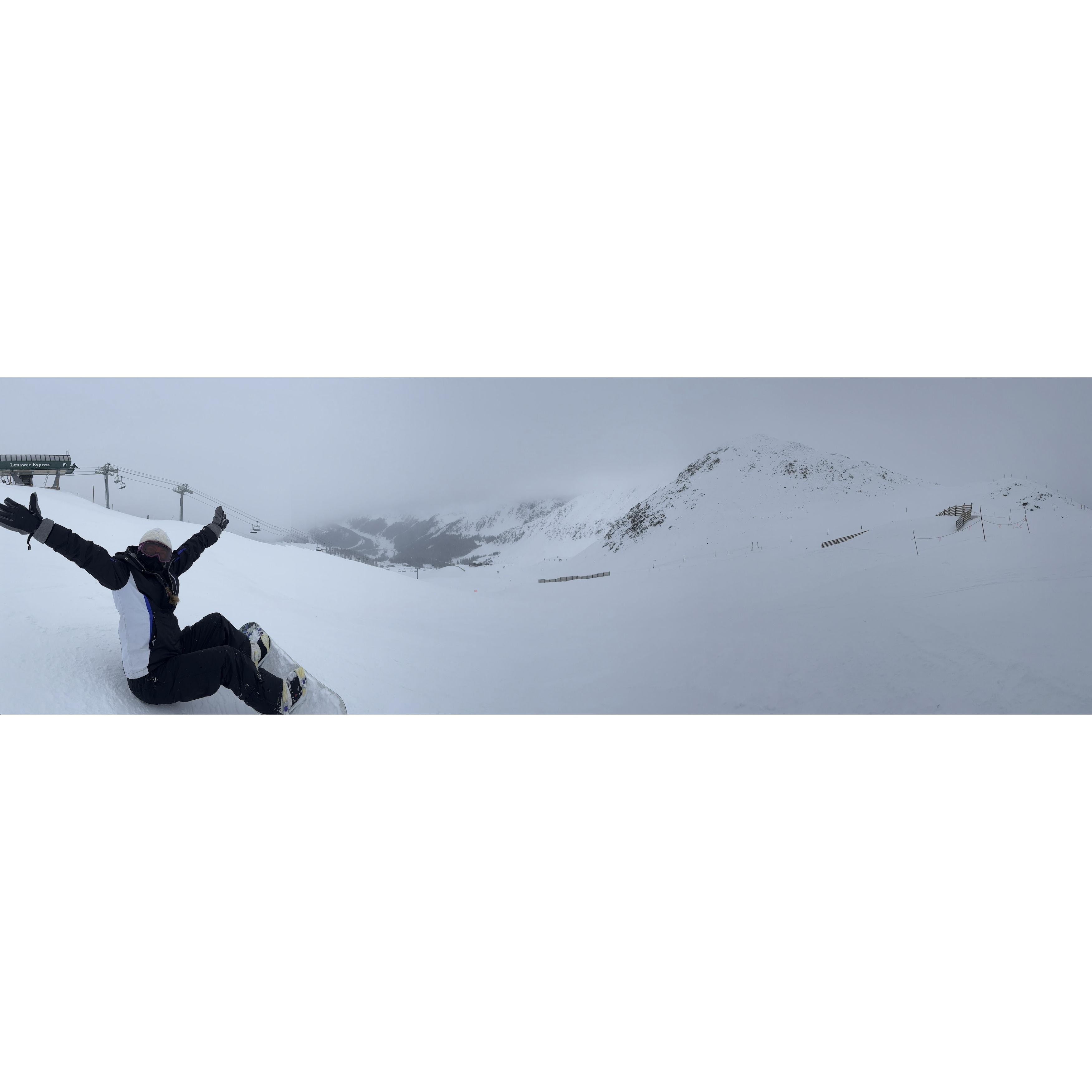 When we went snowboarding at Loveland Ski Area. At the top of the mountain.