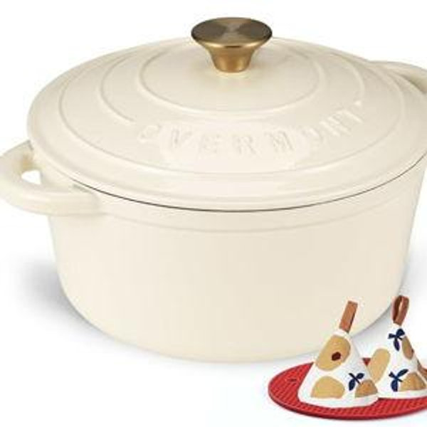 Overmont Enameled Cast Iron Dutch Oven - 5.5QT Pot with Lid Cookbook & Cotton Potholders - Heavy-Duty Cookware for Braising, Stews, Roasting, Bread Baking Cream White