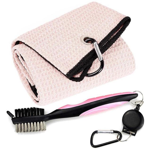 Mile High Life Microfiber Waffle Pattern Tri-fold Golf Towel | Brush Tool Kit with Club Groove Cleaner, Retractable Extension Cord and Clip