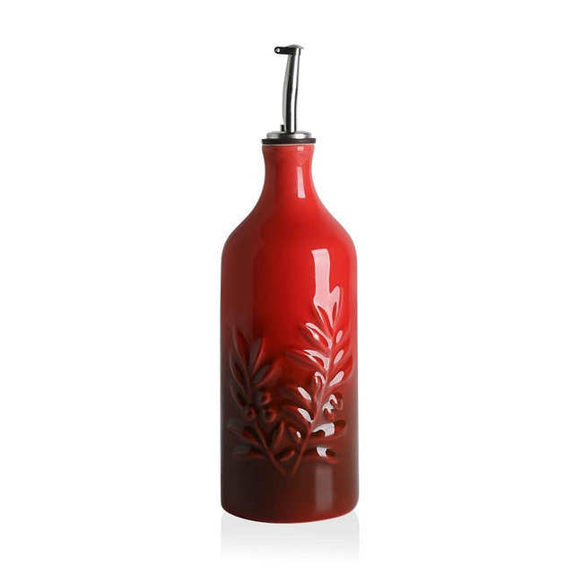 Sweejar Ceramic Olive Oil Dispenser Bottle, 20 Oz Relief Opaque Oil Cruet Protects To Reduce Oxidation, Suitable for Storage Vinegar, Soy Sauce, Coffee Syrup, Liquids, Set of 1 (Gradient Red)