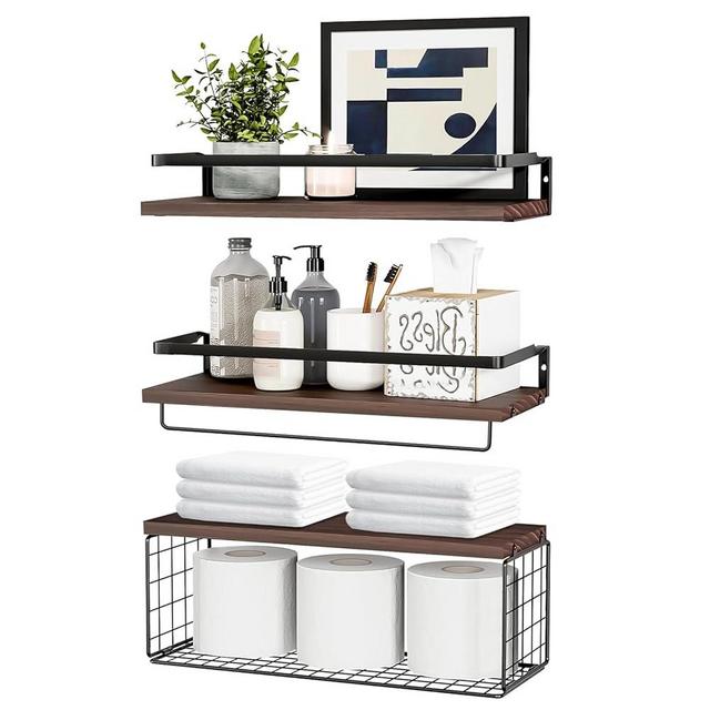Bilillo Floating Shelves Wall Mounted, Bathroom Shelves Above Toilet with Wire Basket and Towel Bar, Suitable for Decorative Storage Racks in Kitchens, Living Rooms, Bedrooms, and Offices Dark Brown