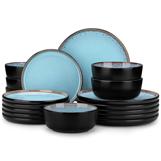 vancasso Plates and Bowls Sets, 18 Pieces Stoneware Dinnerware Sets for 6, Kitchen Dish Set Mircowave and Dishwasher Safe Dinner Set Ceramic Dishware, Sky Blue, Series AMBER