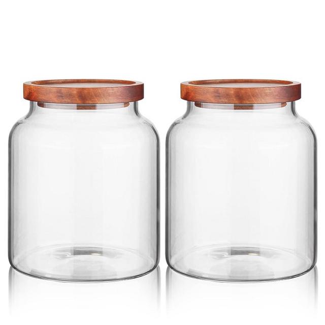 Labina Glass Storage Container Airtight Food Jars Kitchen Canister with Wood Lids,60 Oz Wide Mouth Pantry Organization Glass Jar for Flour, Sugar, Cookie, Spagetti, Nuts and Candy (2 Pack)