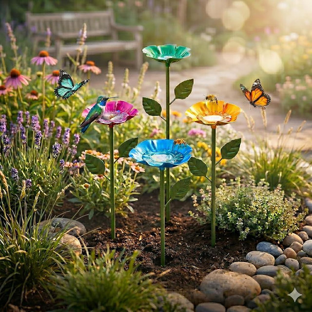 Bee Watering Station for Garden, 4 Pack Bee Feeder Cups, Colorful Flower Bee Bath, Metal Pollinator Friendly Outdoor Garden Decor for Bees & Butterflies (4)