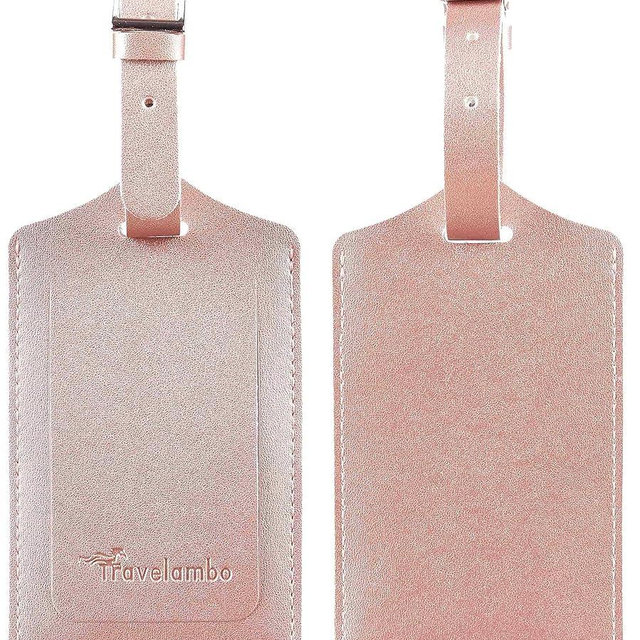 Travelambo Luggage Tags for Suitcases Faux Leather Privacy Protection 2 Pack Bag Tags Travel Accessories Essential, Rose Gold