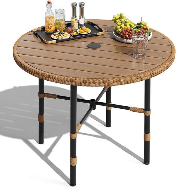 DWVO Outdoor Patio Dining Table Round for 4 35.4" Outdoor Tables with Umbrella Hole & Adjustable Levelers All-Weather Bistro Table with Metal Frame for Lawn Garden Backyard