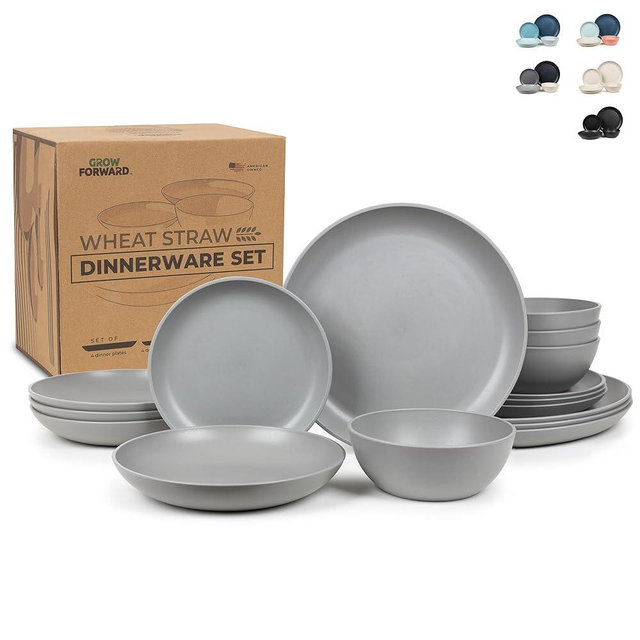 Grow Forward 16-piece Premium Wheat Straw Plastic Dinnerware Sets for 4 - Dinner Plates, Dessert Plates, Pasta Bowls, Cereal Bowls - Microwave Safe Plates and Bowls Sets, RV, Camping Dishes - Feather