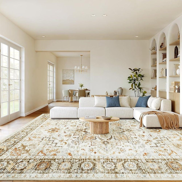 AMADA HOMEFURNISHING 8x10 Washable Area Rug, Low-Profile Large Area Rug with Non-Slip Backing & Durable Edge Binding, Vintage Large Rugs for Living Room, Bedroom, Dinning Room