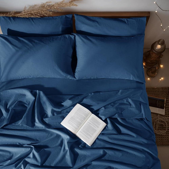 LBRO2M 100% Linen Sheet Set King Size, Bed Sheets 6 Piece Sets,Solid Color Natural Flax Bed Sheets Soft Breathable Bedding,16" Deep Pocket,All Season (King, Navy Blue)