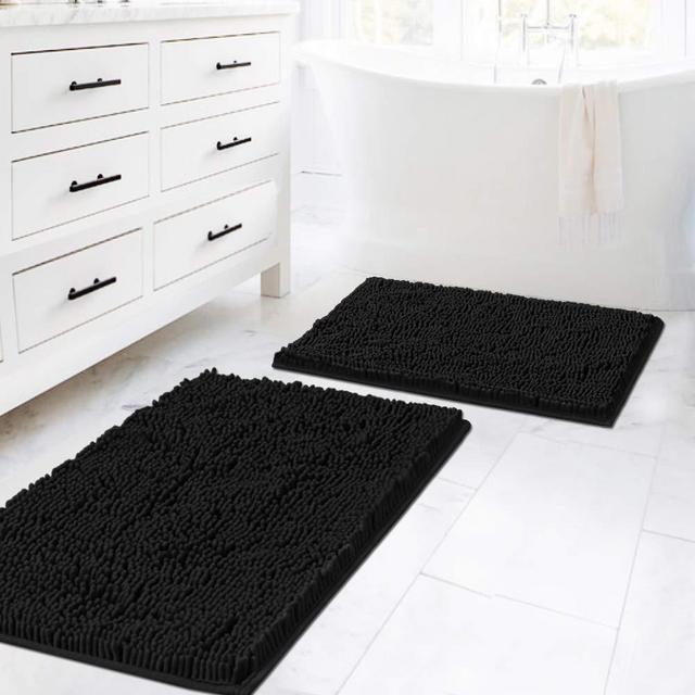 (Set of 2) Super Thick Soft Shaggy Chenille Bath Mats Machine Washable Bath Rugs Set for Bathroom, Dry Fast Water Absorbent Bath Mats, Black (Pack 2-20" x 32"/17" x 24")