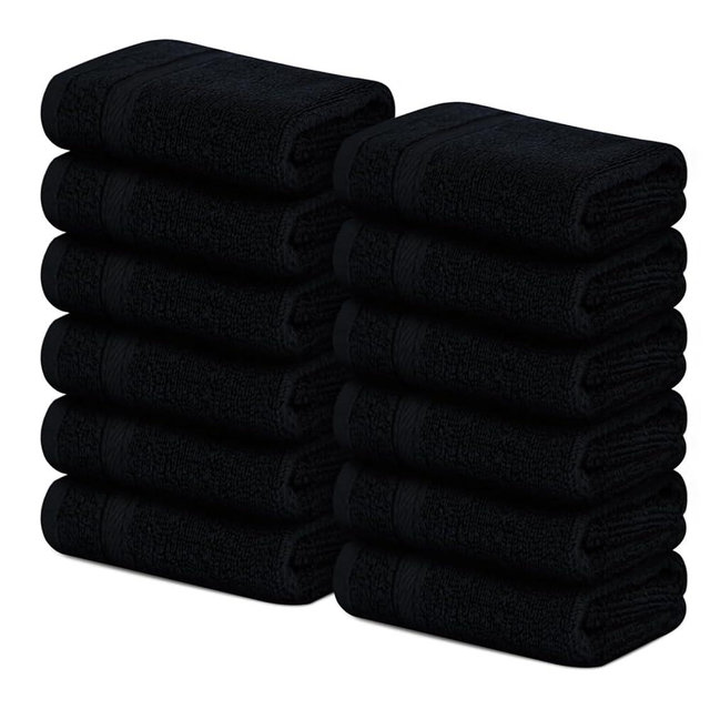 Avalon Towels Cotton Washcloths – (Pack of 12) Size 13x13 Inches, Zero Twist Cotton, Soft & Absorbent Wash Cloths for Body and Face, Hotel and Spa Quality, Quick Dry and Machine Washable Black