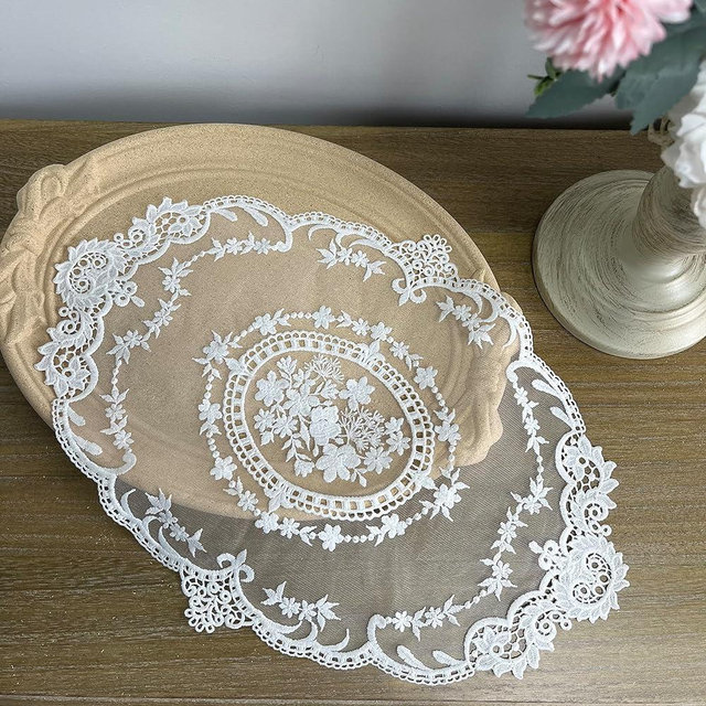 2PACK Retro French Style Lace Placemats Farmhouse Lace Doilies Embroidered Cup Mat vase mat 16.5”x11.6”,White (2)