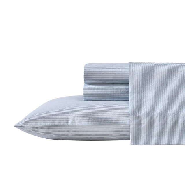 Nautica - Queen Sheet Set, Cotton Percale Bedding Set, Crisp & Cool, Lightweight & Breathable (Penny Pinstripe Blue, Queen)