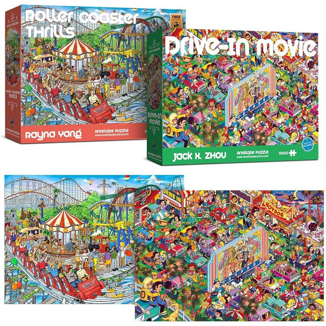 Antelope 2 in 1 1000 Piece Puzzle Bundle - Drive in Movie & Roller Coaster Jigsaw Puzzles