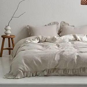 Simple&Opulence 100% Linen Duvet Cover Set, 3 PCS Natural French Flax Ruffle Duvet Cover King Size, Breathable Comfy Linen Bedding Comforter Cover with 2 Pillowcases (Natural Linen, 104" X 92")