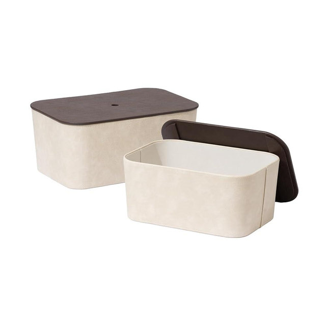 La Jolie Maison Storage Baskets with Lids, Stackable Storage Boxes Set of 2, Velvet Liner and Vegan Leather Lid, Decorative Box for Organizing Office Bedroom Shelf, Beige