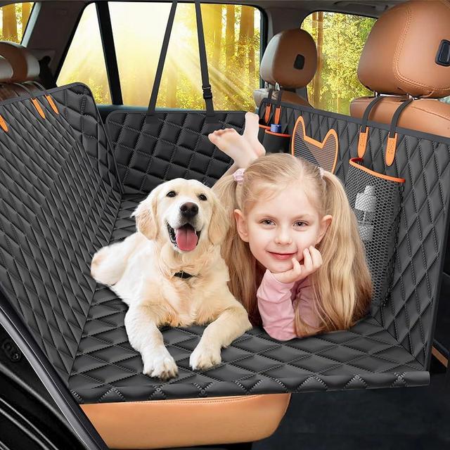 Back Seat Extender, Dog Car Seat Cover for Back Seat with Hard Bottom Dog Car Seat Bed Waterproof Dog Hammock for Car Pet Backseat Protector w/ Mesh Window and Storage Pocket for Car SUV Truck (Black)