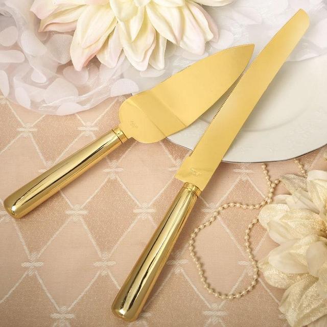 Personalized Simple Elegance Smooth Metallic Gold Server & Knife Set for Wedding, Anniversary, Party