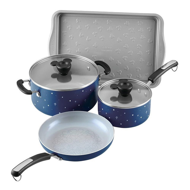 Farberware Disney Bon Voyage Ceramic Nonstick Pots and Pans Set with Baking Sheet/Cookie Pan and Disney Home Kitchen Tools, 8 Piece Non Stick Cookware Set - Blue