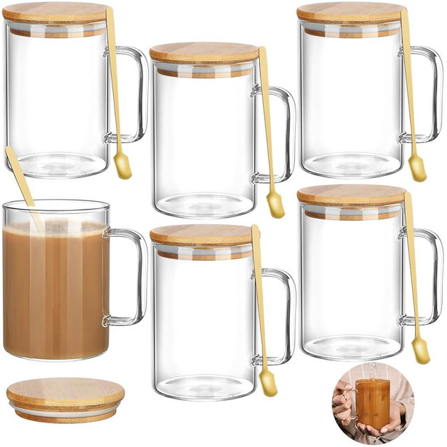 Jingmore 6 Sets 20oz Clear Glass Coffee Mugs Big Glass Mugs with Handles and Lids Large Tea Cups with Wood Lid and Gold Spoon Clear Cup for Latte Espresso Tea Cappuccino Hot Cold Beverages