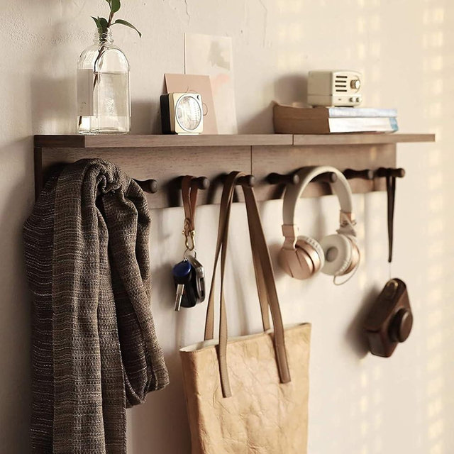 XAOMLP Entrance Coat Rack ，Coat Hooks, Wall-Mounted Wooden Hook Rack, Wall-Mounted Shelves are Very Suitable (Walnut Colored Finish-2)