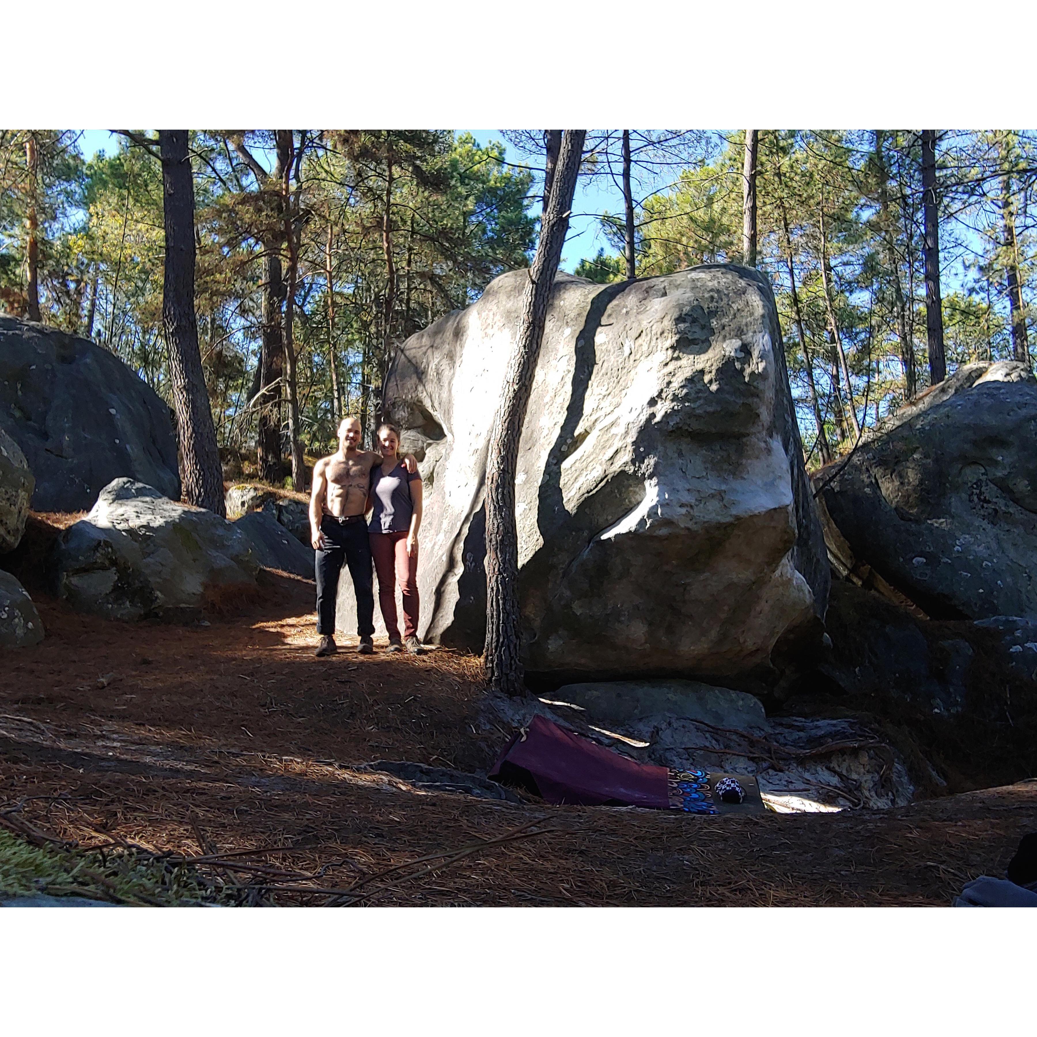 Climbing together in Fontainebleau forest. The landscape is breathtaking.