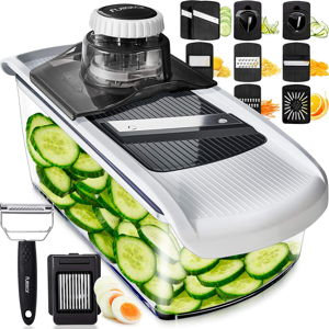 Fullstar Mandoline Slicer for Kitchen, Fruit Cutter, Cheese Grater, Cucumber Slicer, Veggie Spiralizer, Food Cutter & Kitchen Gadgets & Gifts with Safety Glove (11 in 1, White/Black))