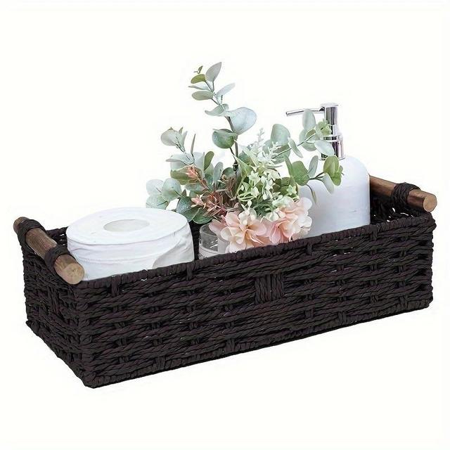 Rattanzenith Black Paper Rope Storage Basket with Wooden Handle – Handwoven Decorative Wicker Basket for Organizing Toilet Tank, Countertop, Cosmetics & Toilet Paper – 1PC